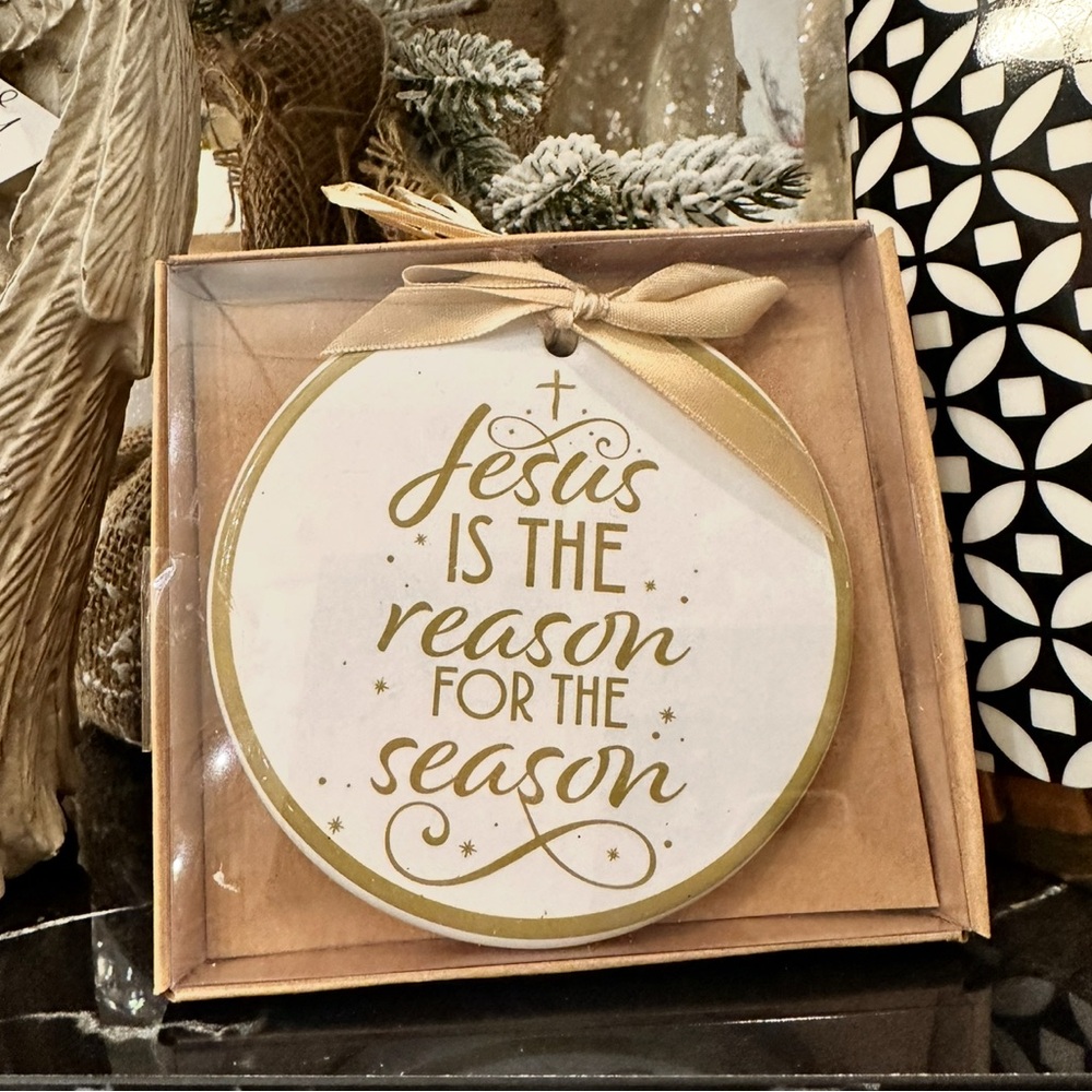 Gold and White Jesus is the Reason For the Season Holiday Ornament